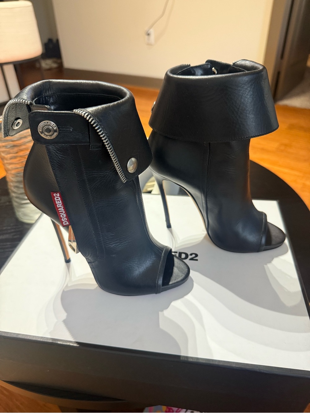 DSQUARED2 Black Leather Fold-Over Peep-Toe Ankle Boots